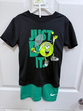 Nike Kids' Black & Green 'Just Do It' Tennis Graphic Tee and Shorts Set, Size 4